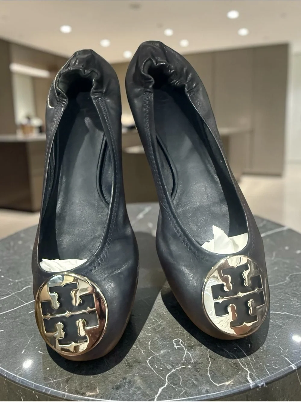 Tory Burch Black Leather Logo Round-Toe Ballet Flats
